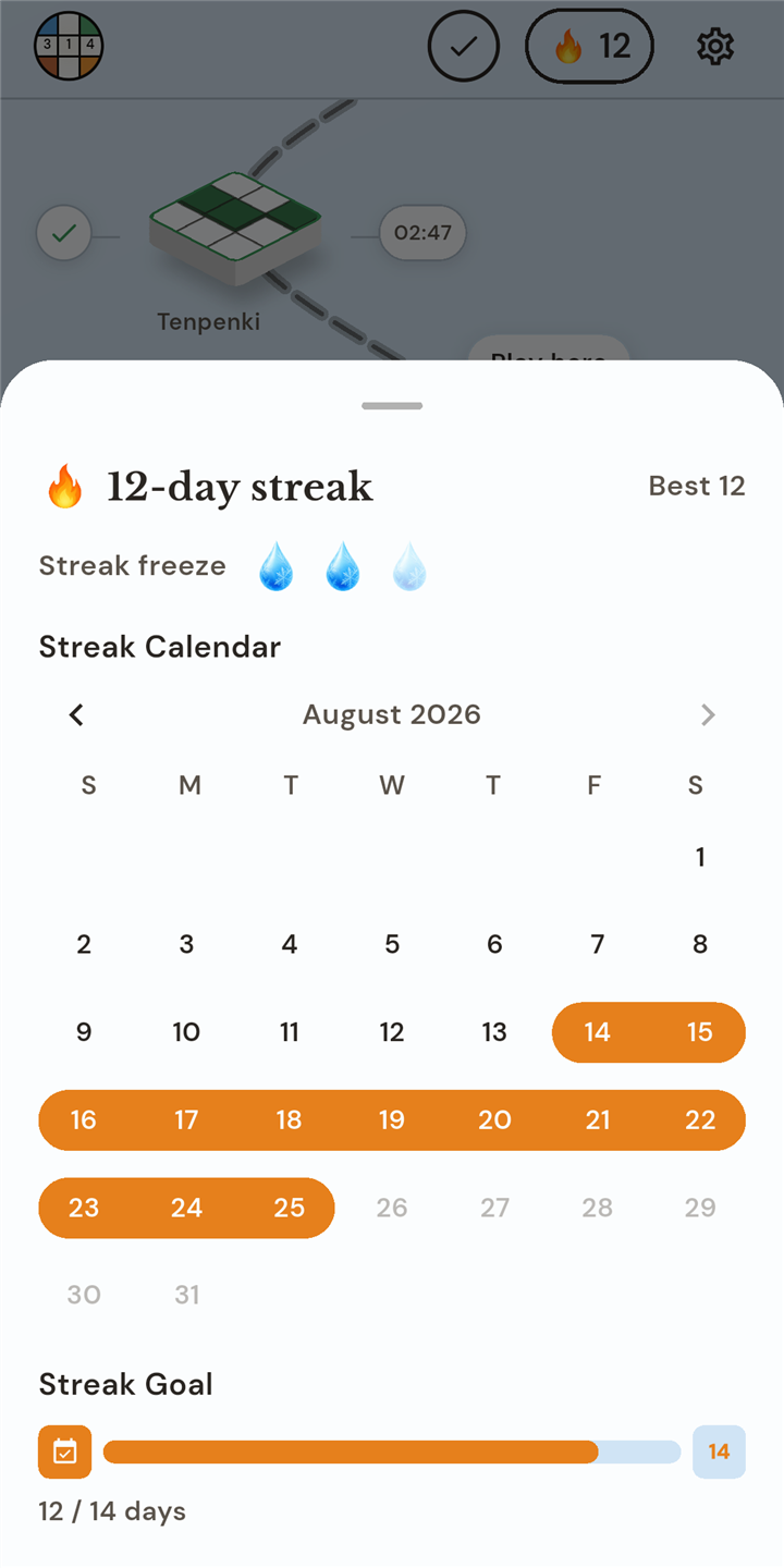 Streak calendar showing days completed